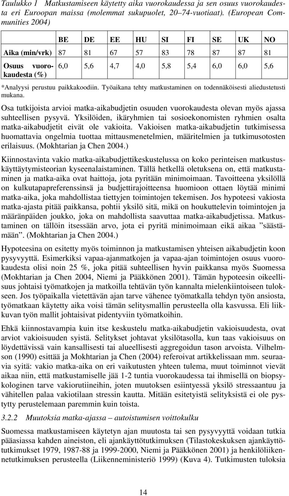 Työaikana tehty matkustaminen on todennäköisesti aliedustetusti mukana. Osa tutkijoista arvioi matka-aikabudjetin osuuden vuorokaudesta olevan myös ajassa suhteellisen pysyvä.