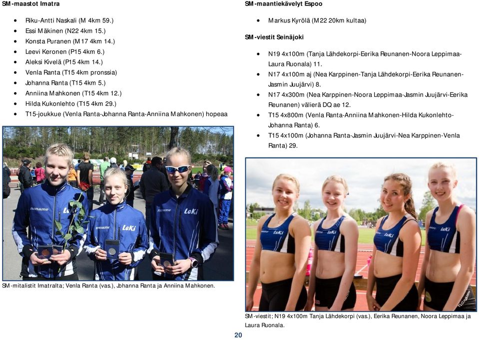 ) T15-joukkue (Venla Ranta-Johanna Ranta-Anniina Mahkonen) hopeaa SM-maantiekävelyt Espoo Markus Kyrölä (M22 20km kultaa) SM-viestit Seinäjoki N19 4x100m (Tanja Lähdekorpi-Eerika Reunanen-Noora
