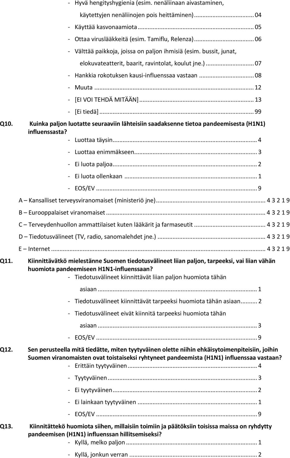 .. 12 [EI VOI TEHDÄ MITÄÄN]... 13 [Ei tiedä]... 99 Q10. Kuinka paljon luotatte seuraaviin lähteisiin saadaksenne tietoa pandeemisesta (H1N1) influenssasta? Luottaa täysin... 4 Luottaa enimmäkseen.