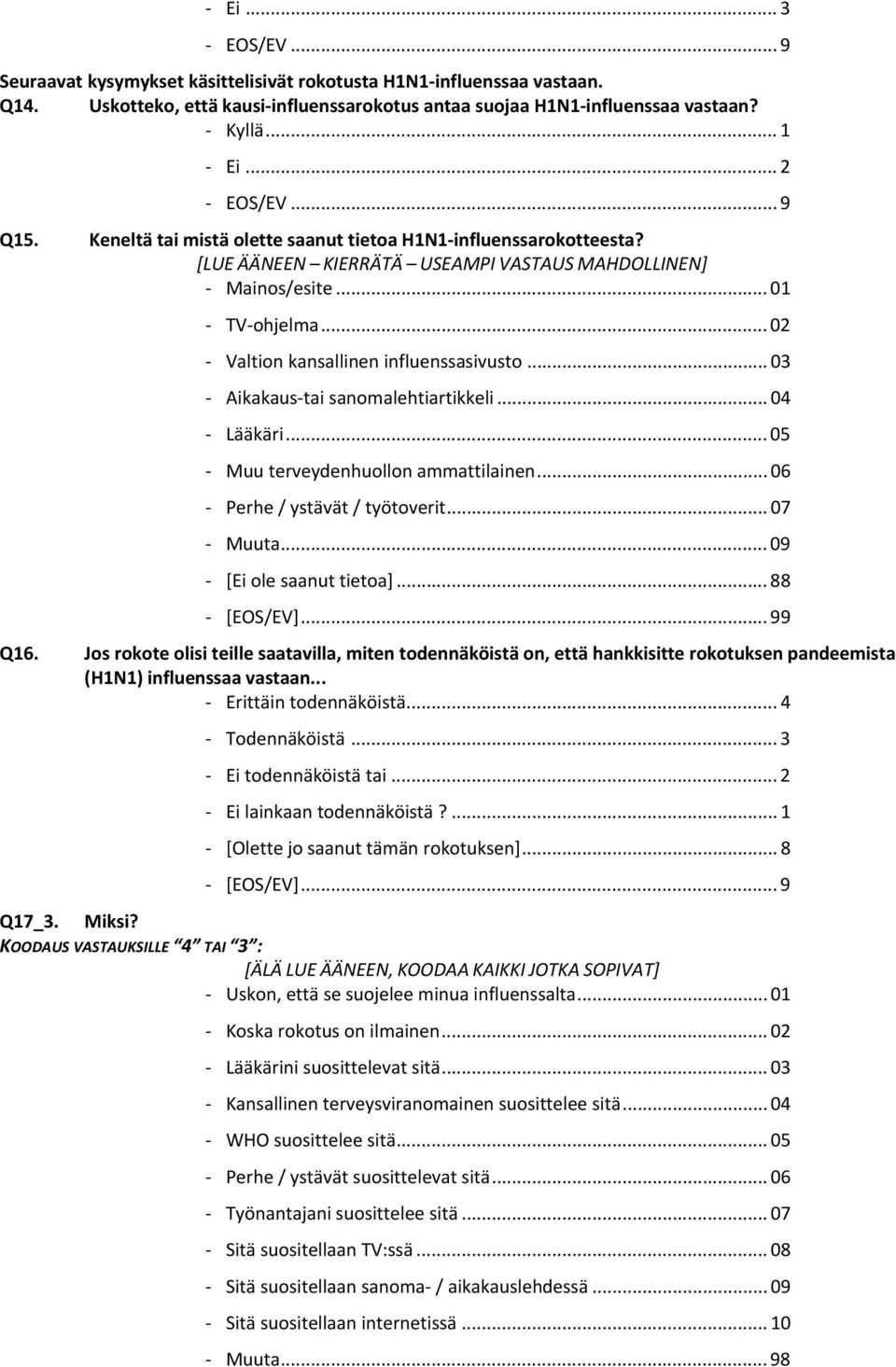 .. 03 Aikakaus tai sanomalehtiartikkeli... 04 Lääkäri... 05 Muu terveydenhuollon ammattilainen... 06 Perhe / ystävät / työtoverit... 07 Muuta... 09 [Ei ole saanut tietoa]... 88 [EOS/EV]... 99 Q16.