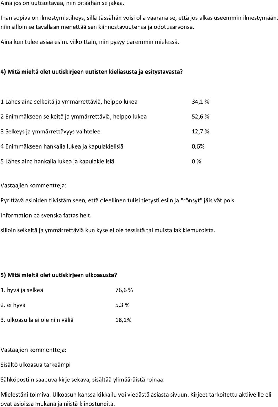 Aina kun tulee asiaa esim. viikoittain, niin pysyy paremmin mielessä. 4) Mitä mieltä olet uutiskirjeen uutisten kieliasusta ja esitystavasta?