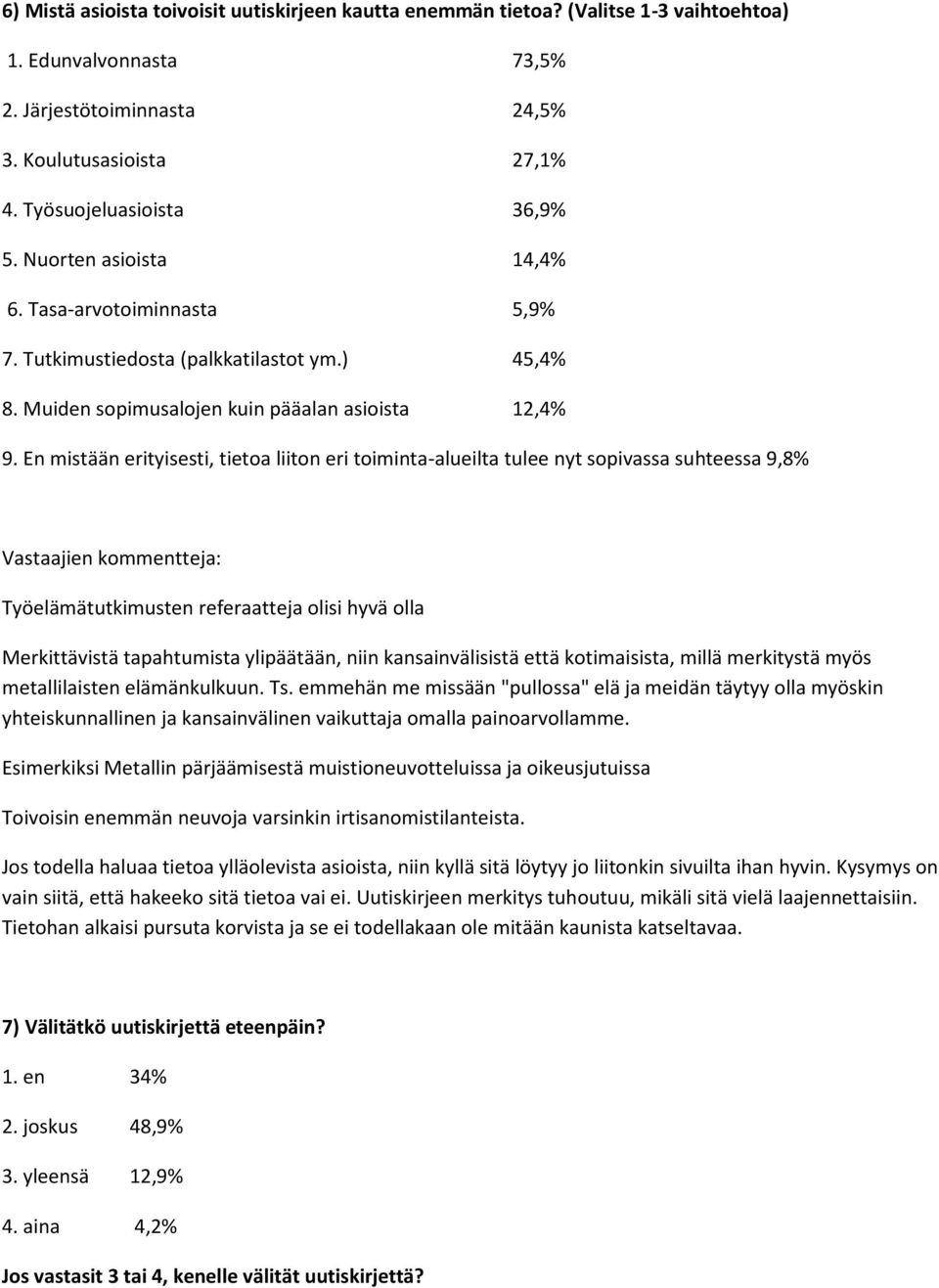 En mistään erityisesti, tietoa liiton eri toiminta-alueilta tulee nyt sopivassa suhteessa 9,8% Työelämätutkimusten referaatteja olisi hyvä olla Merkittävistä tapahtumista ylipäätään, niin