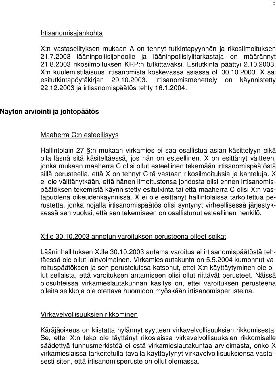 12.2003 ja irtisanomispäätös tehty 16.1.2004.