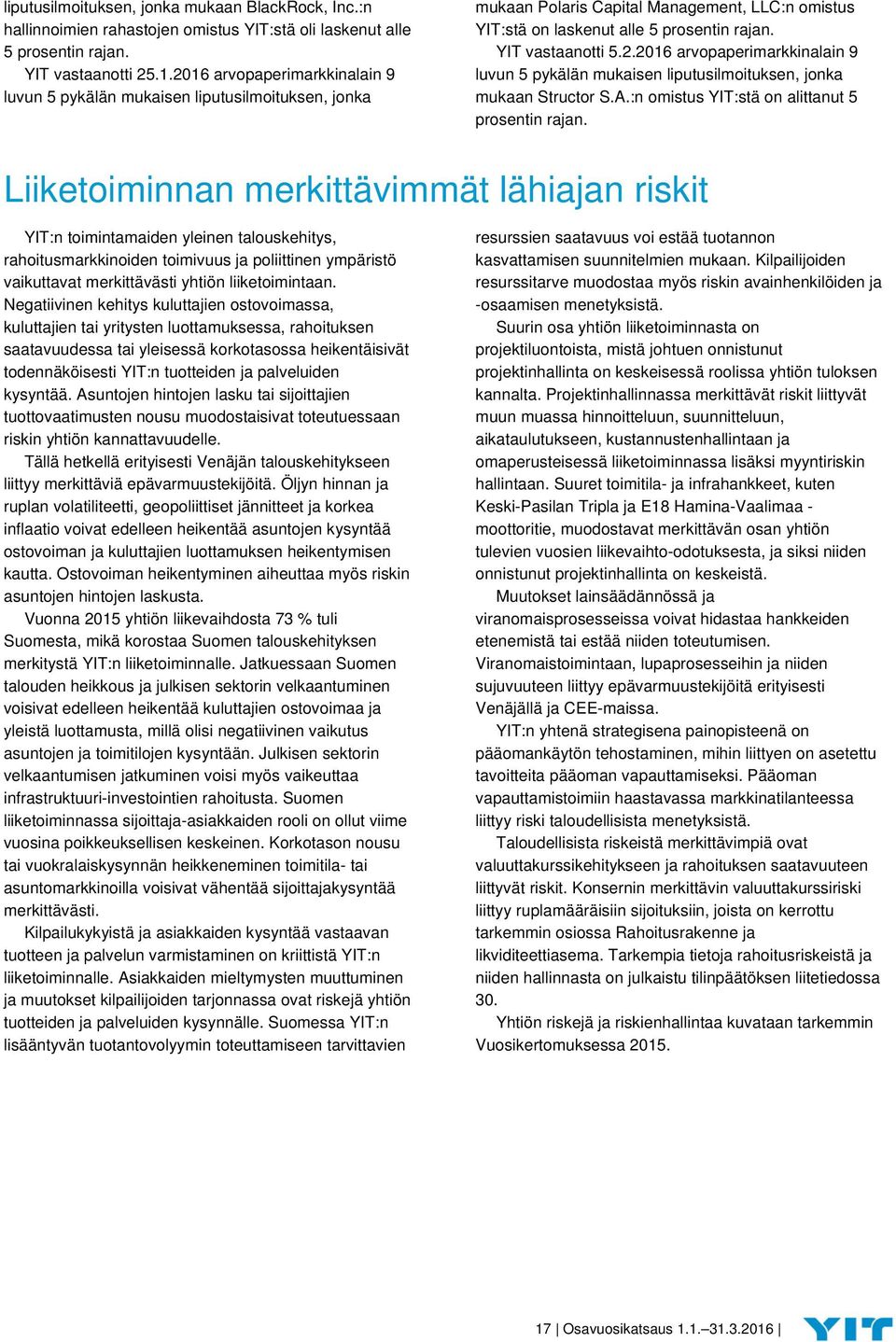 A.:n omistus YIT:stä on alittanut 5 prosentin rajan.