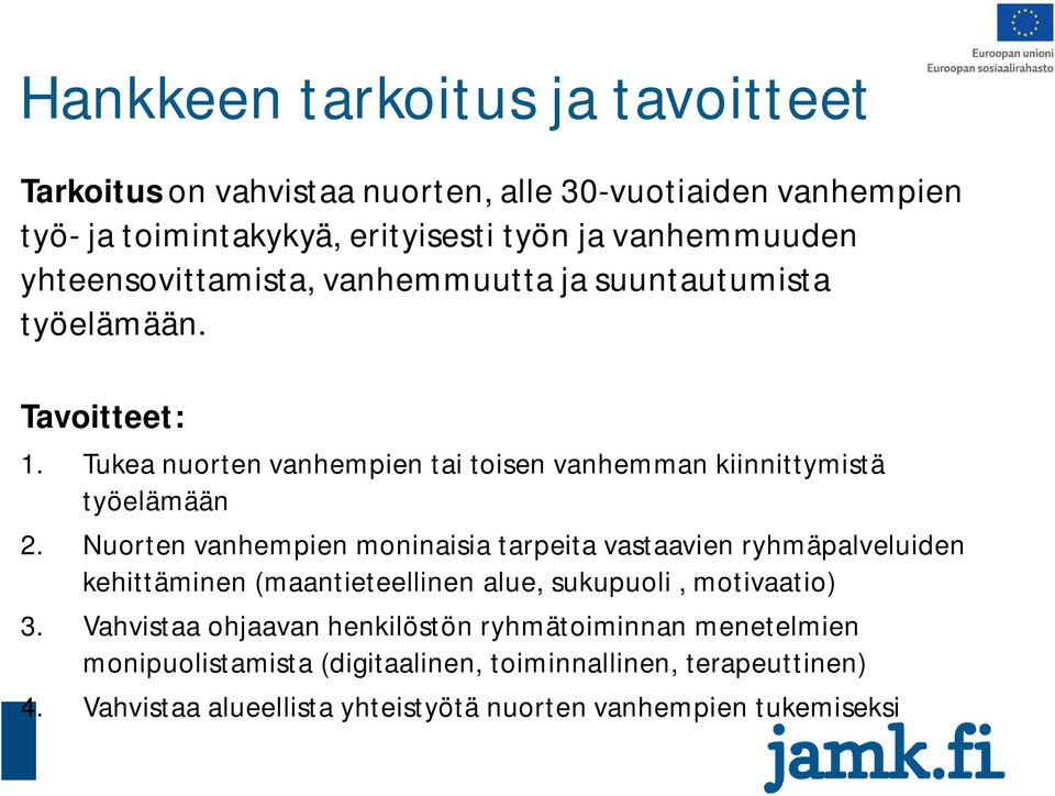 Nuorten vanhempien moninaisia tarpeita vastaavien ryhmäpalveluiden kehittäminen (maantieteellinen alue, sukupuoli, motivaatio) 3.