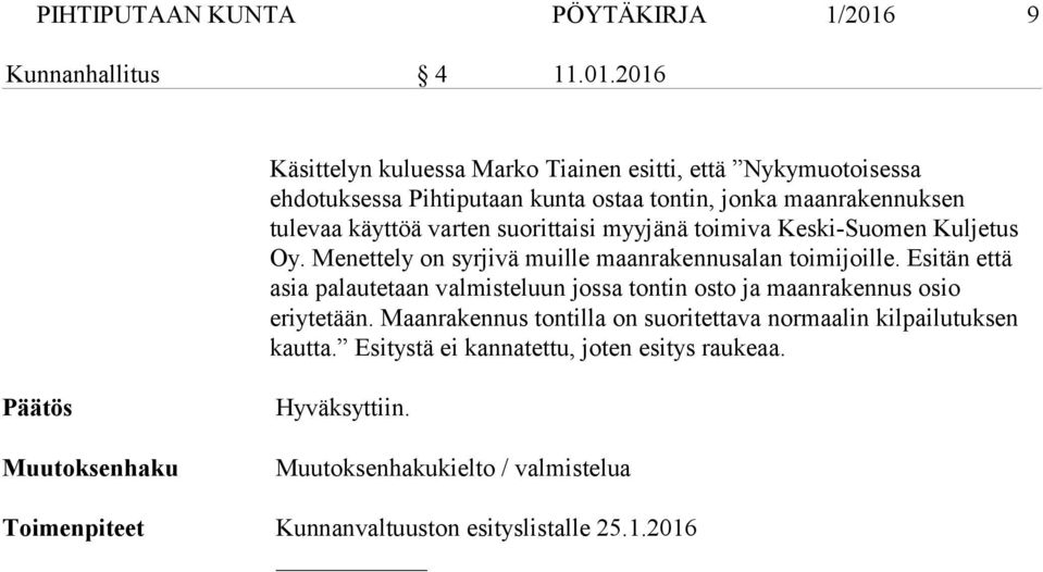 2016 Käsittelyn kuluessa Marko Tiainen esitti, että Nykymuotoisessa ehdotuksessa Pihtiputaan kunta ostaa tontin, jonka maanrakennuksen tulevaa käyttöä varten