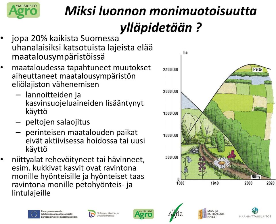 aiheuttaneet maatalousympäristön eliölajiston vähenemisen lannoitteiden ja kasvinsuojeluaineiden lisääntynyt käyttö peltojen salaojitus