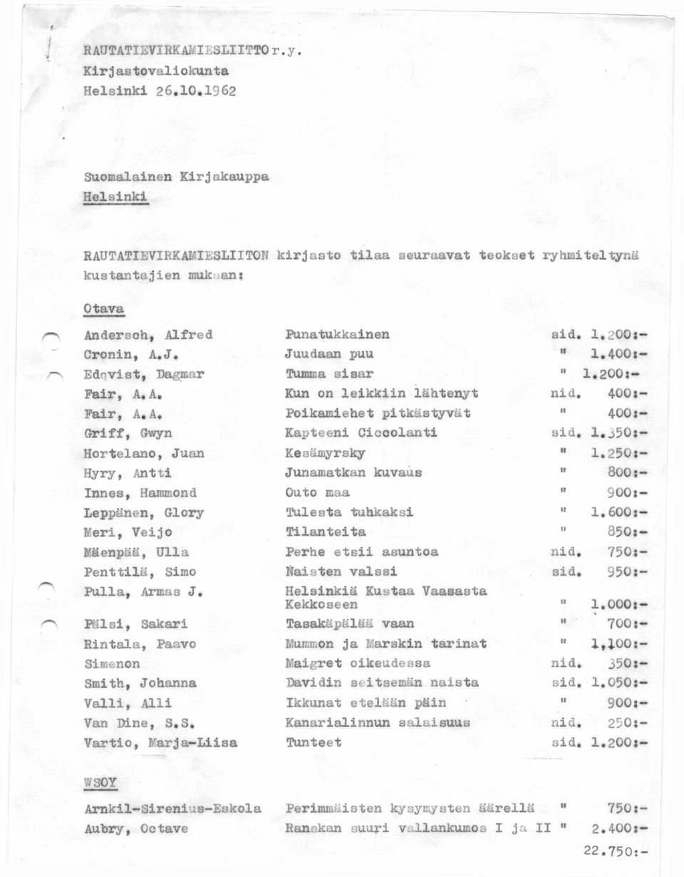 Juudaan puu " 1.400*- Ednvist, Dagmar Tumma sisar " 1.200*- Pair, A. A. Kun on leikkiin lähtenyt nid. 400*- Fair, A. A. Poikamiehet pitkästyvät " 400*- Griff, Gwyn Kapteeni Ciccolanti sid. 1.j 50*- Hortelano, Juan Kesämyrsky " 1.