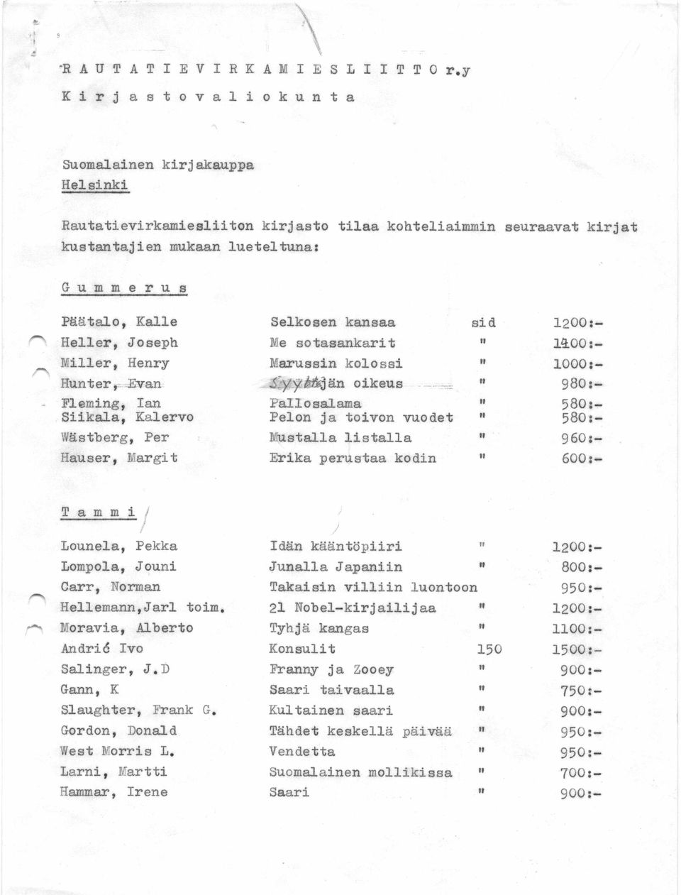 Kalle Selkosen kansaa sid 1200:- Heller, Joseph Me sotasankarit " 1400:- Miller, Henry Marussin kolossi " 1000:- Hunter, Evan syyttäjän oikeus " 980:- Fleming, Iän Pallosalama " 580:- Siikala,