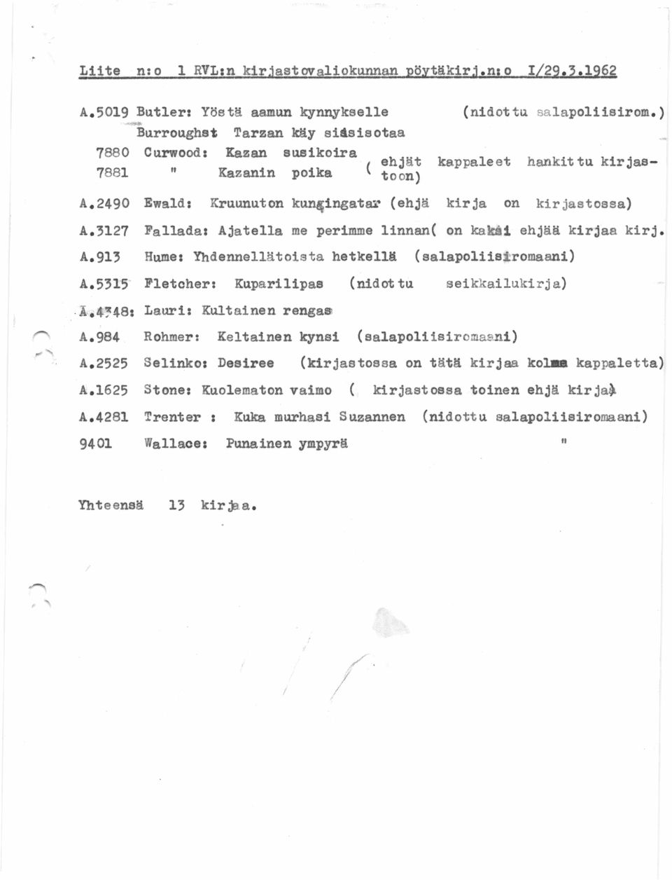 3127 Falladas Ajatella me perimme linnan( on kaksi ehjää kirjaa kirj. A.913 Humes Yhdennellätöistä hetkellä (salapoliisiromaani) A.