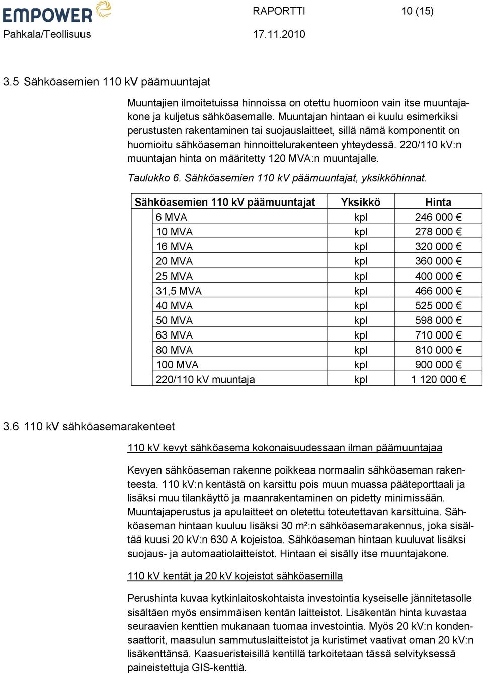 220/110 kv:n muuntajan hinta on määritetty 120 MVA:n muuntajalle. Taulukko 6. Sähköasemien 110 kv päämuuntajat, yksikköhinnat.