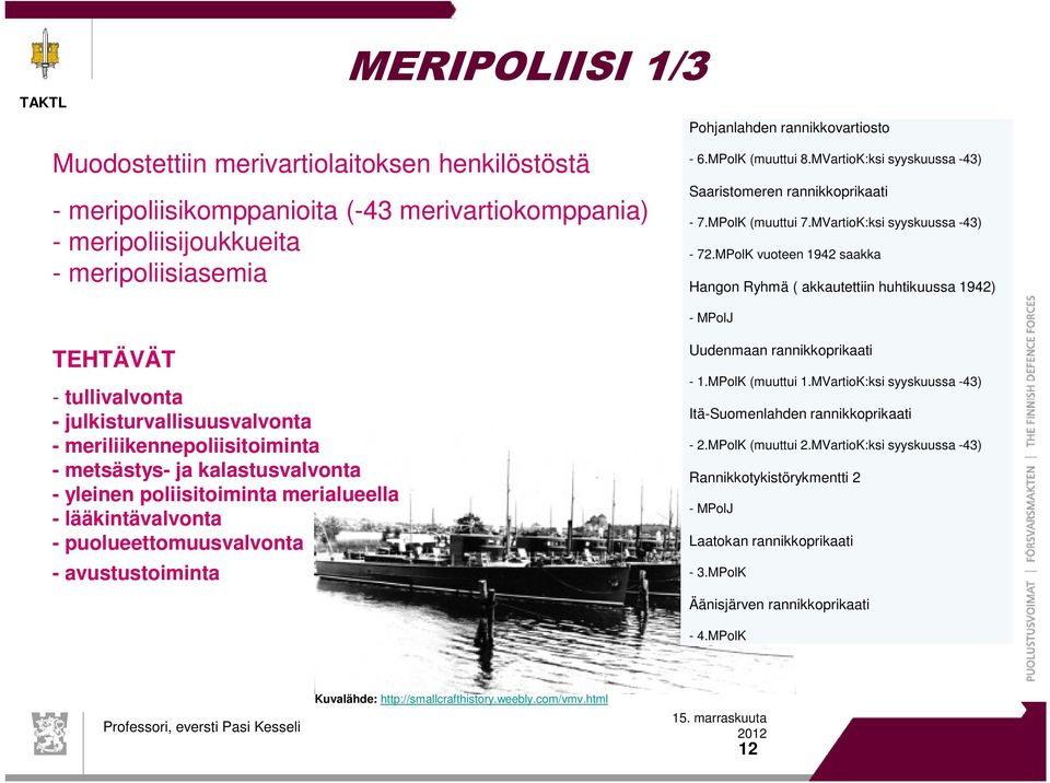 MPolK vuoteen 1942 saakka Hangon Ryhmä ( akkautettiin huhtikuussa 1942) - MPolJ TEHTÄVÄT - tullivalvonta - julkisturvallisuusvalvonta - meriliikennepoliisitoiminta - metsästys- ja kalastusvalvonta -