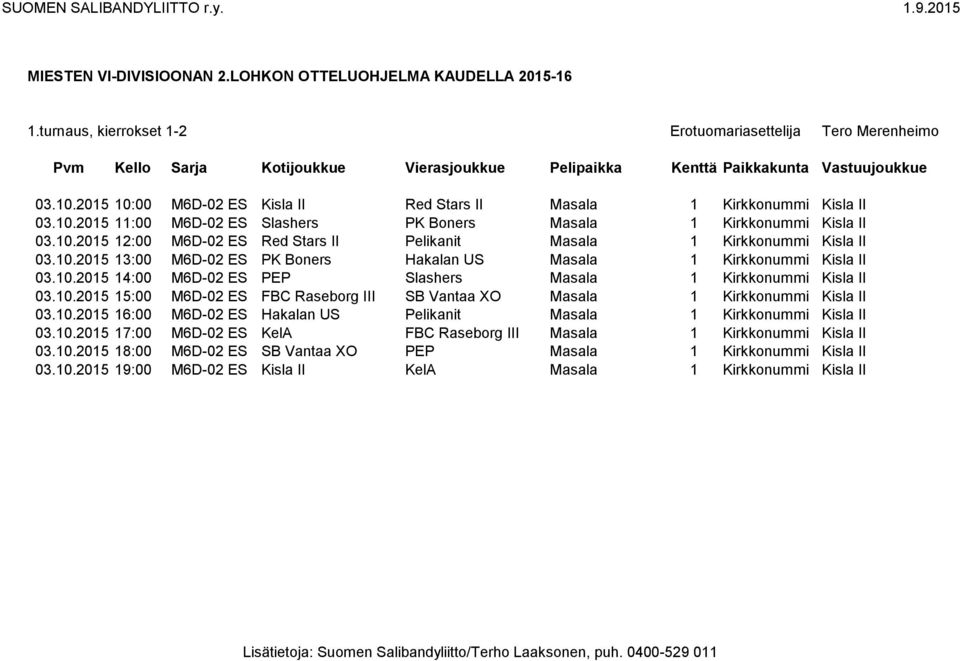 10.2015 15:00 M6D-02 ES FBC Raseborg III SB Vantaa XO Masala 1 Kirkkonummi Kisla II 03.10.2015 16:00 M6D-02 ES Hakalan US Pelikanit Masala 1 Kirkkonummi Kisla II 03.10.2015 17:00 M6D-02 ES KelA FBC Raseborg III Masala 1 Kirkkonummi Kisla II 03.