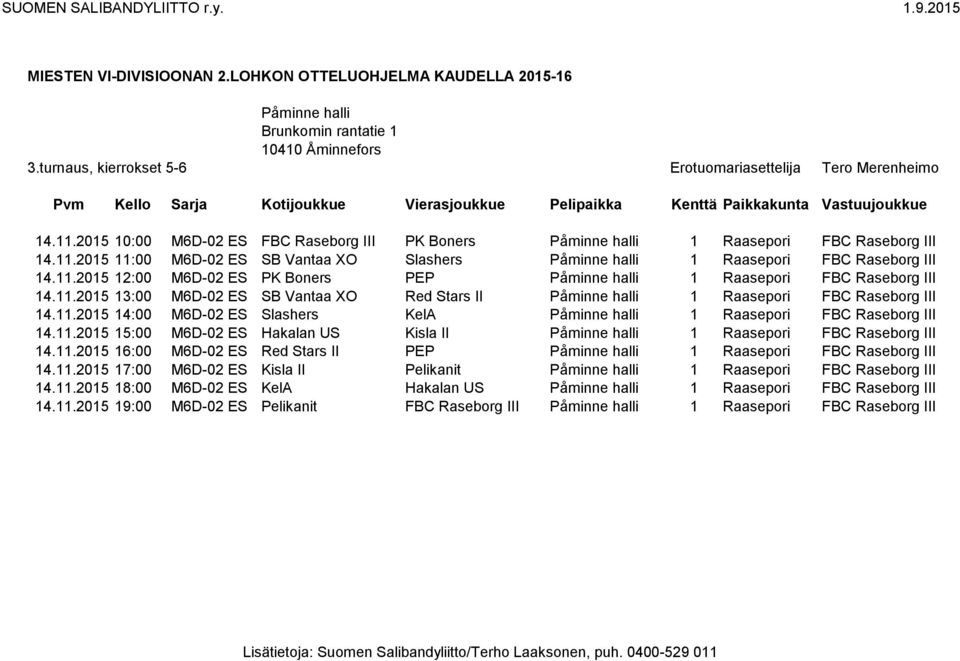 11.2015 13:00 M6D-02 ES SB Vantaa XO Red Stars II Påminne halli 1 Raasepori FBC Raseborg III 14.11.2015 14:00 M6D-02 ES Slashers KelA Påminne halli 1 Raasepori FBC Raseborg III 14.11.2015 15:00 M6D-02 ES Hakalan US Kisla II Påminne halli 1 Raasepori FBC Raseborg III 14.