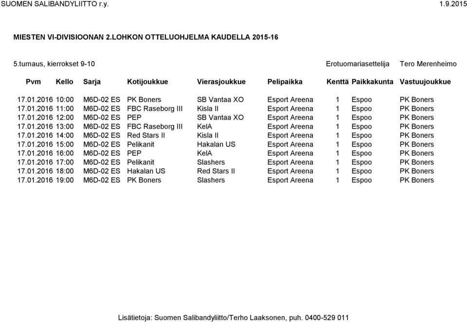 01.2016 15:00 M6D-02 ES Pelikanit Hakalan US Esport Areena 1 Espoo PK Boners 17.01.2016 16:00 M6D-02 ES PEP KelA Esport Areena 1 Espoo PK Boners 17.01.2016 17:00 M6D-02 ES Pelikanit Slashers Esport Areena 1 Espoo PK Boners 17.