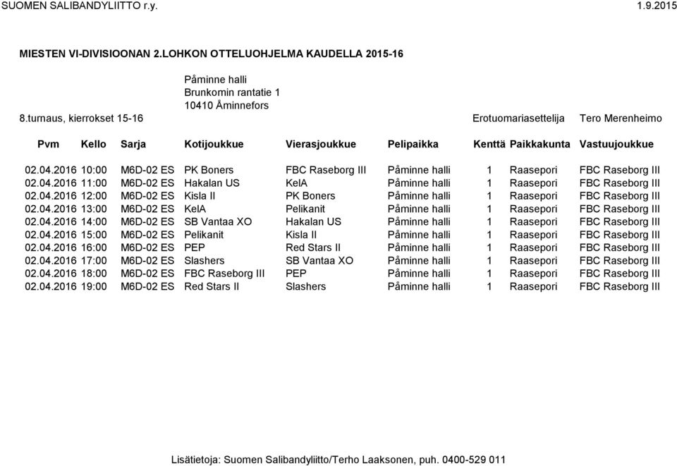 04.2016 14:00 M6D-02 ES SB Vantaa XO Hakalan US Påminne halli 1 Raasepori FBC Raseborg III 02.04.2016 15:00 M6D-02 ES Pelikanit Kisla II Påminne halli 1 Raasepori FBC Raseborg III 02.04.2016 16:00 M6D-02 ES PEP Red Stars II Påminne halli 1 Raasepori FBC Raseborg III 02.