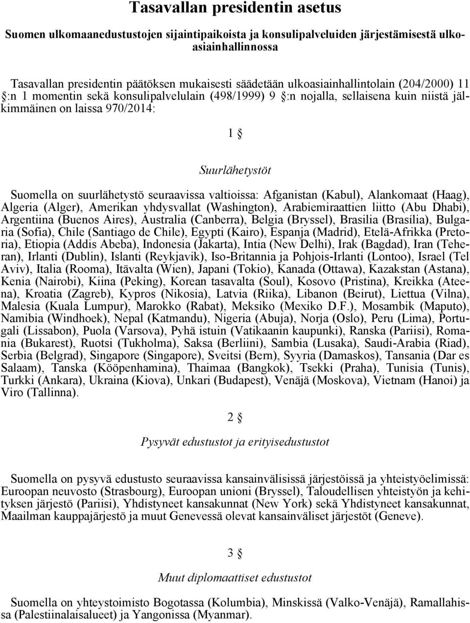 seuraavissa valtioissa: Afganistan (Kabul), Alankomaat (Haag), Algeria (Alger), Amerikan yhdysvallat (Washington), Arabiemiraattien liitto (Abu Dhabi), Argentiina (Buenos Aires), Australia