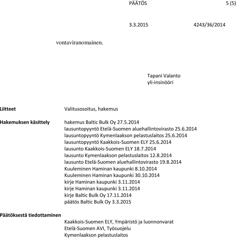 8.2014 Kuuleminen Haminan kaupunki 8.10.2014 Kuuleminen Haminan kaupunki 30.10.2014 kirje Haminan kaupunki 3.11.2014 kirje Haminan kaupunki 3.11.2014 kirje Baltic Bulk Oy 17.11.2014 päätös Baltic Bulk Oy 3.