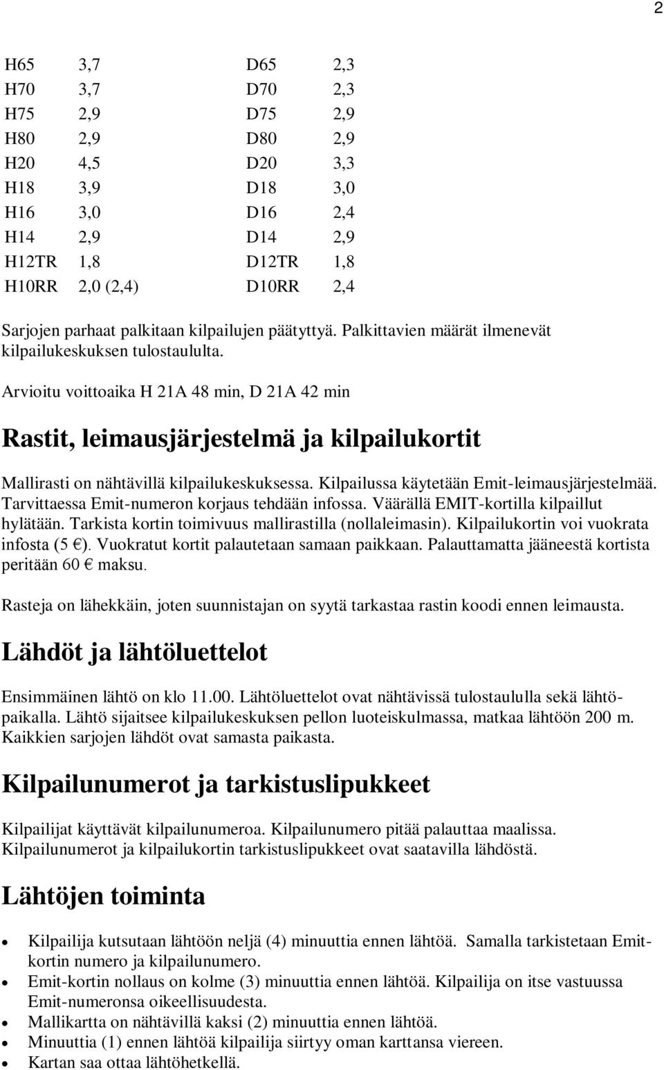 Arvioitu voittoaika H 21A 48 min, D 21A 42 min Rastit, leimausjärjestelmä ja kilpailukortit Mallirasti on nähtävillä kilpailukeskuksessa. Kilpailussa käytetään Emit-leimausjärjestelmää.