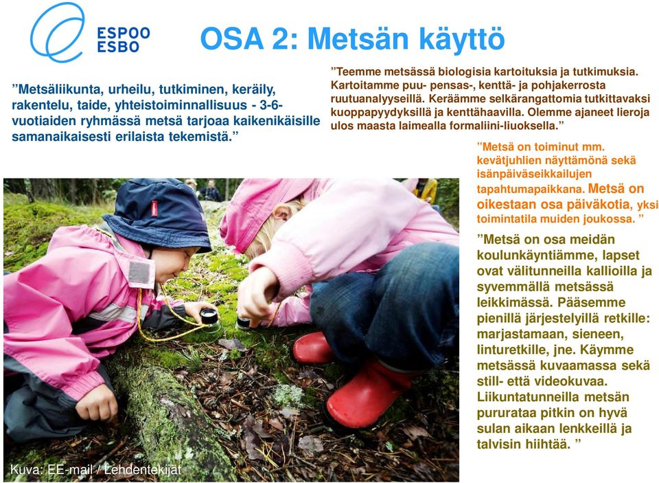 Keräämme selkärangattomia tutkittavaksi kuoppapyydyksillä ja kenttähaavilla. Olemme ajaneet lieroja ulos maasta laimealla formaliini-liuoksella. Metsä on toiminut mm.