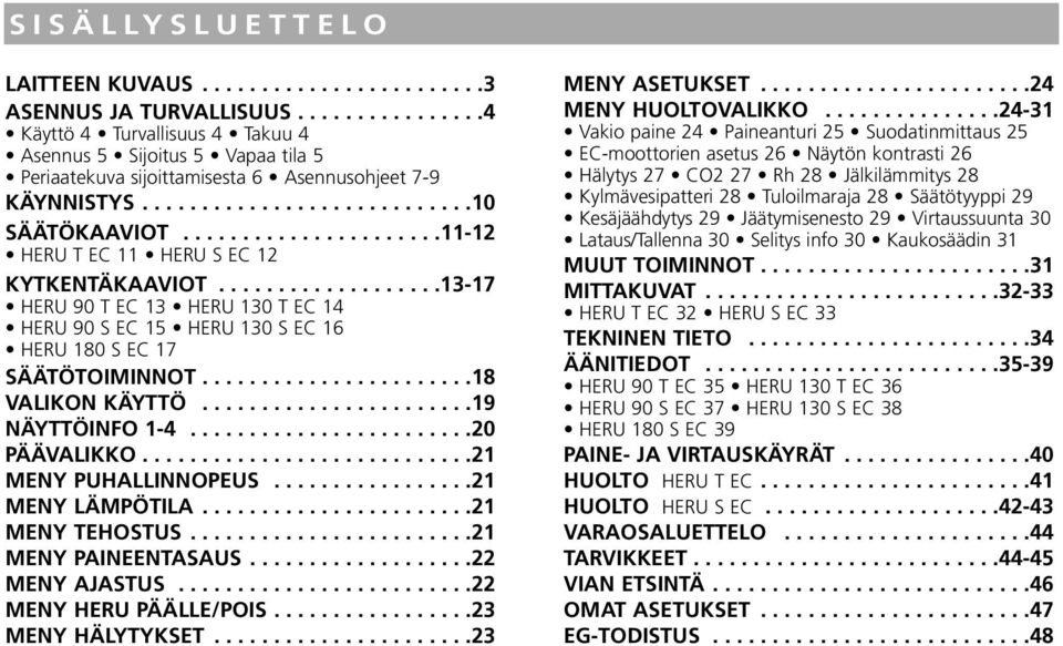 .....................11-12 HERU T EC 11 HERU S EC 12 KYTKENTÄKAAVIOT...................13-17 HERU 90 T EC 13 HERU 130 T EC 14 HERU 90 S EC 15 HERU 130 S EC 16 HERU 180 S EC 17 SÄÄTÖTOIMINNOT.