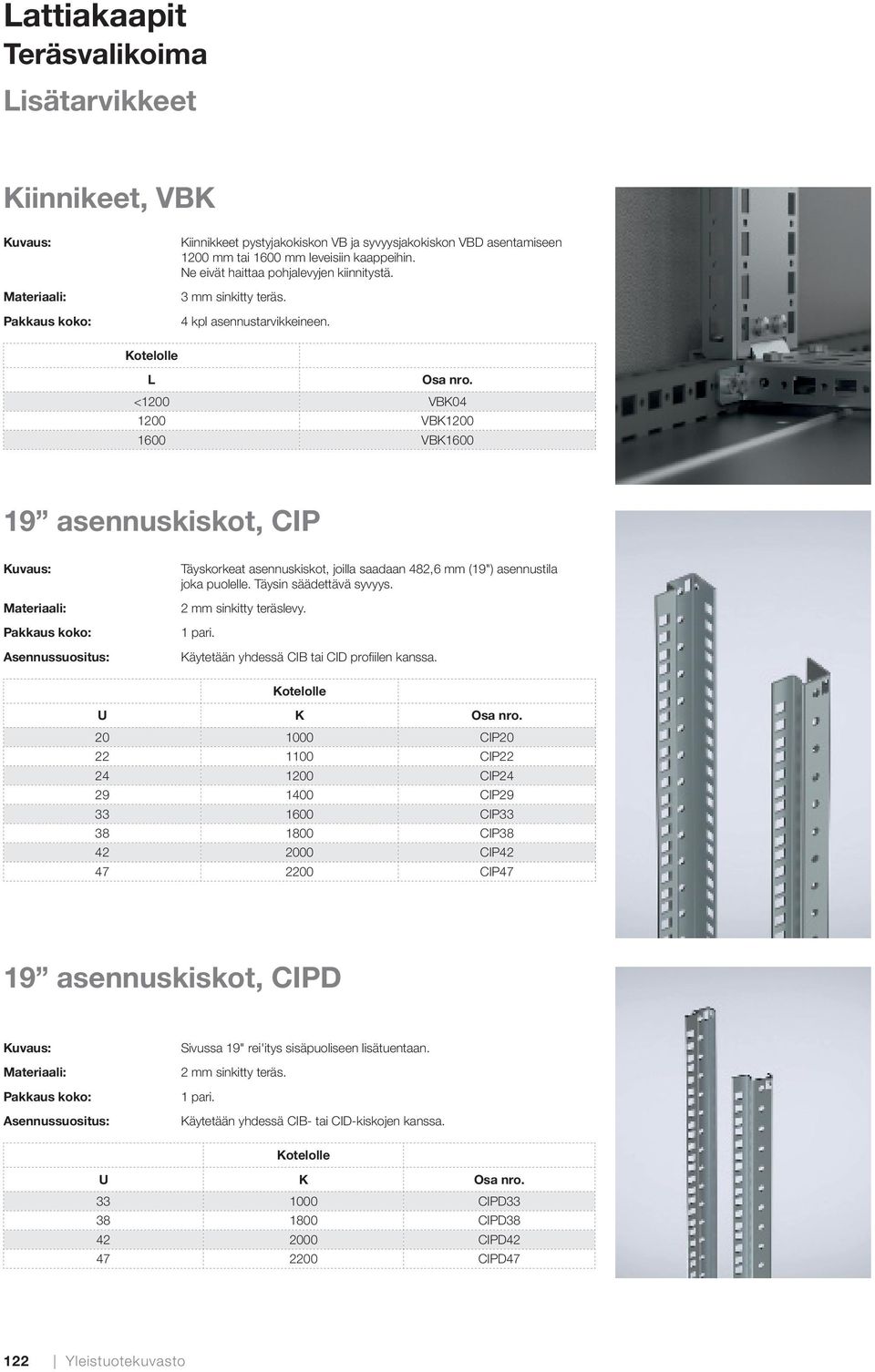 L <1200 VBK04 1200 VBK1200 1600 VBK1600 19 asennuskiskot, CIP Täyskorkeat asennuskiskot, joilla saadaan 482,6 mm (19") asennustila joka puolelle. Täysin säädettävä syvyys. 2 mm sinkitty teräslevy.