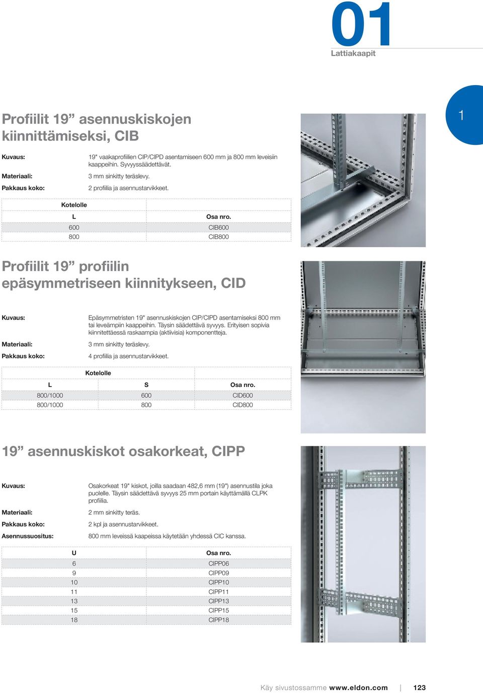 L 600 CIB600 800 CIB800 Profiilit 19 profiilin epäsymmetriseen kiinnitykseen, CID Epäsymmetristen 19" asennuskiskojen CIP/CIPD asentamiseksi 800 mm tai leveämpiin kaappeihin. Täysin säädettävä syvyys.