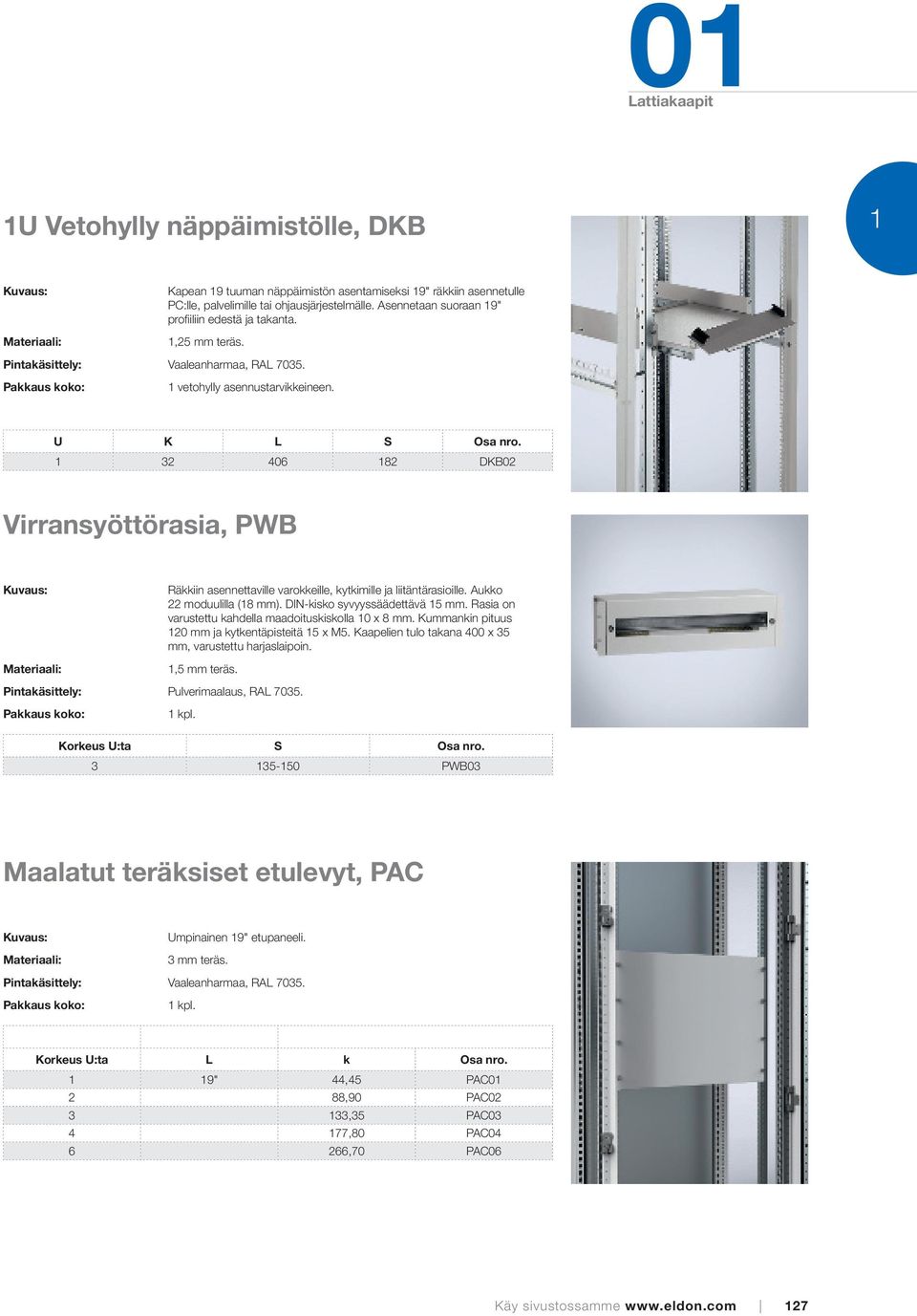 U K L S 1 32 406 182 DKB02 Virransyöttörasia, PWB Räkkiin asennettaville varokkeille, kytkimille ja liitäntärasioille. Aukko 22 moduulilla (18 mm). DIN-kisko syvyyssäädettävä 15 mm.