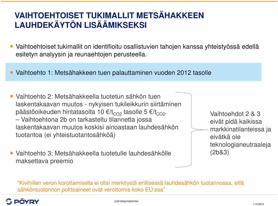 Vaihtoehto 1: Metsähakkeen tuen palauttaminen vuoden 12 tasolle Vaihtoehto 2: Metsähakkeella tuotetun sähkön tuen laskentakaavan muutos - nykyisen tukileikkurin siirtäminen päästöoikeuden