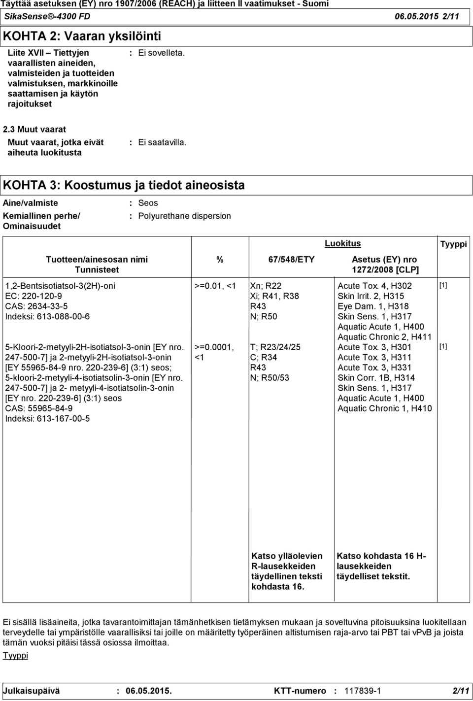 Tuotteen/ainesosan nimi Tunnisteet % 67/548/ETY Asetus (EY) nro 1272/2008 [CLP] 1,2Bentsisotiatsol3(2H)oni EC 2201209 CAS 2634335 Indeksi 613088006 5Kloori2metyyli2Hisotiatsol3onin [EY nro.