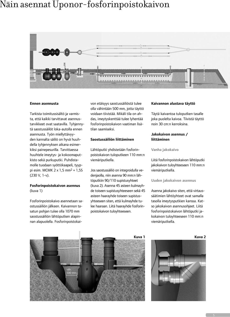 Tarvittaessa huuhtele imeytys- ja kokoomaputkisto sekä purkuputki. Puhdistamolle tuodaan syöttökaapeli, tyyppi esim. MCMK 2 x 1,5 mm 2 + 1,5S (230 V, 1-v).