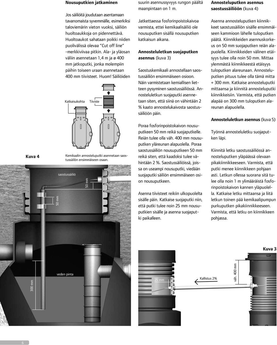 Ala- ja yläosan väliin asennetaan 1,4 m ja ø 400 mm jatkoputki, jonka molempiin päihin toiseen uraan asennetaan 400 mm tiivisteet. Huom!