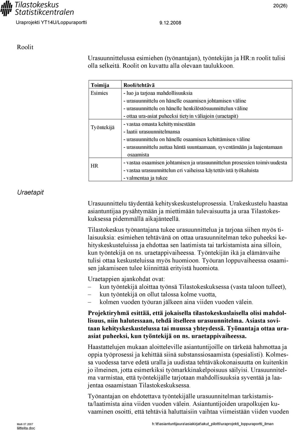 ura-asiat puheeksi tietyin väliajoin (uraetapit) - vastaa omasta kehittymisestään - laatii urasuunnitelmansa - urasuunnittelu on hänelle osaamisen kehittämisen väline - urasuunnittelu auttaa häntä