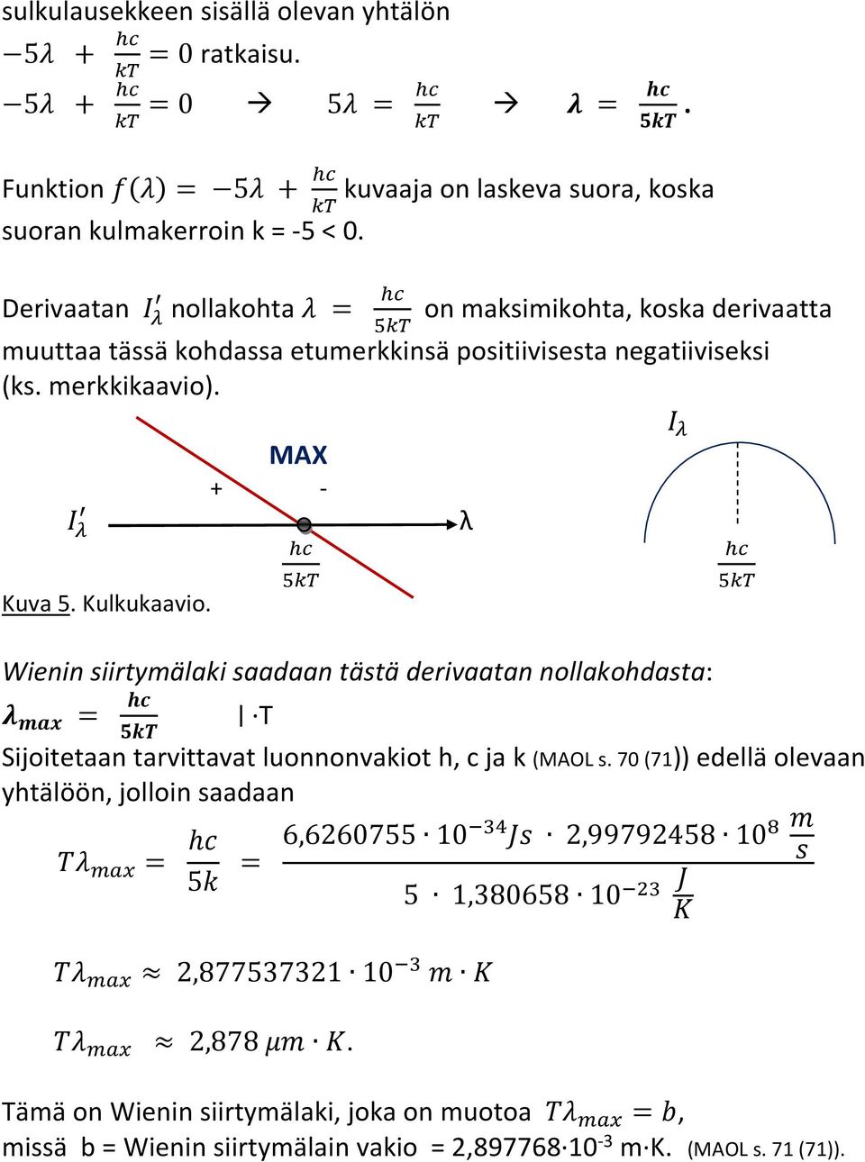 Kulkukaavio. Wienin siirtymälaki saadaan tästä derivaatan nollakohdasta: = T Sijoitetaan tarvittavat luonnonvakiot h, c ja k (MAOL s.