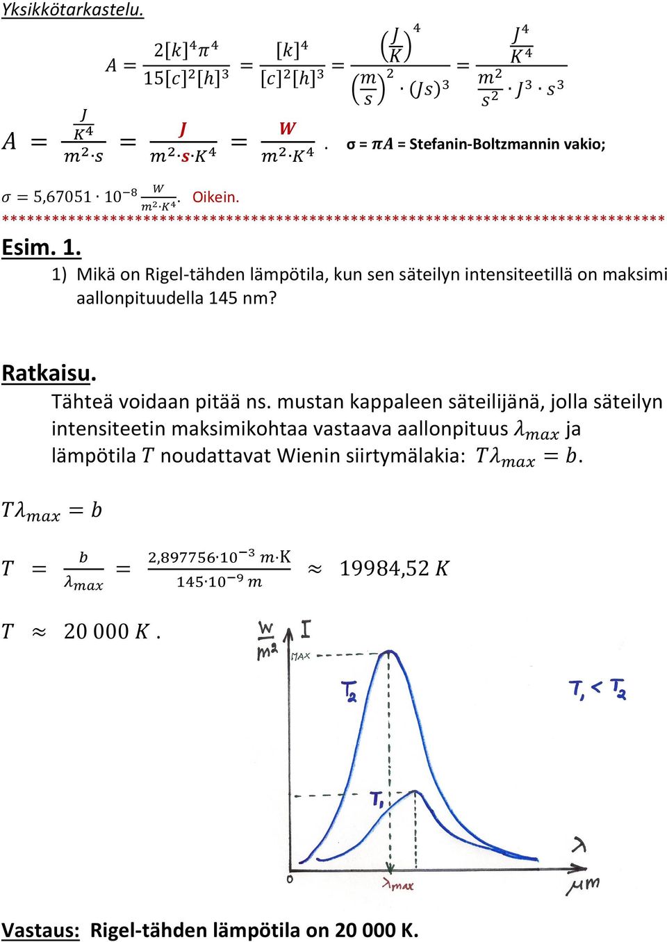 1) Mikä on Rigel-tähden lämpötila, kun sen säteilyn intensiteetillä on maksimi aallonpituudella 145 nm? Ratkaisu.