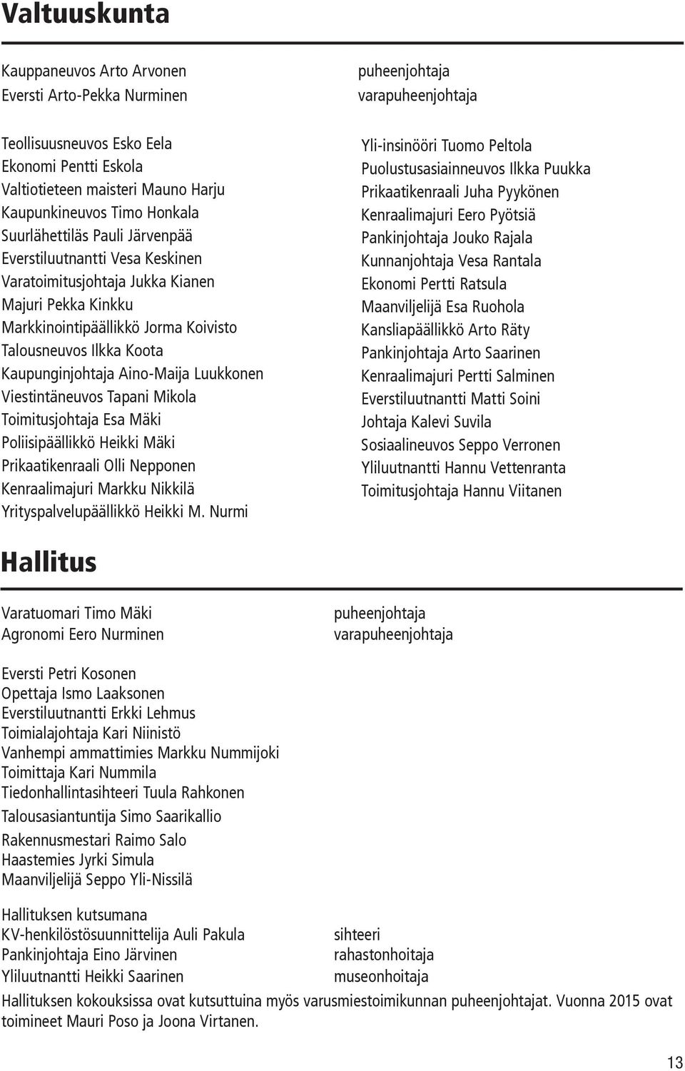 Kaupunginjohtaja Aino-Maija Luukkonen Viestintäneuvos Tapani Mikola Toimitusjohtaja Esa Mäki Poliisipäällikkö Heikki Mäki Prikaatikenraali Olli Nepponen Kenraalimajuri Markku Nikkilä