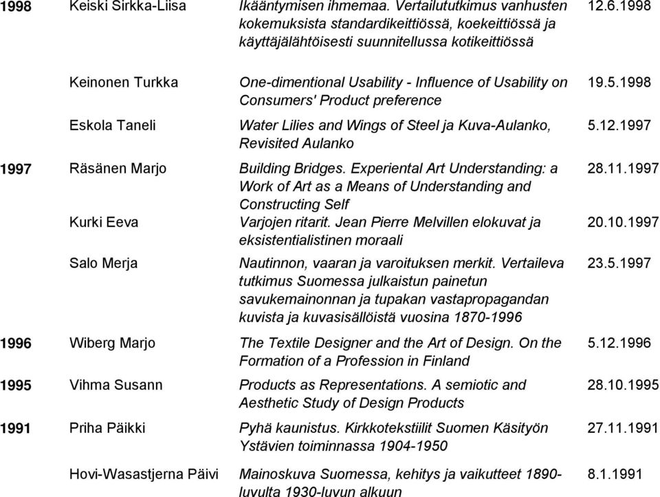 Usability on Consumers' Product preference Water Lilies and Wings of Steel ja Kuva-Aulanko, Revisited Aulanko 1997 Räsänen Marjo Building Bridges.