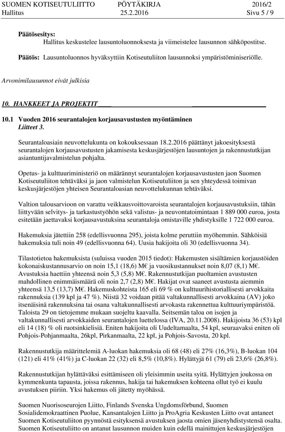 16 seurantalojen korjausavustusten myöntäminen Liitteet 3. Seurantaloasiain neuvottelukunta on kokouksessaan 18.2.