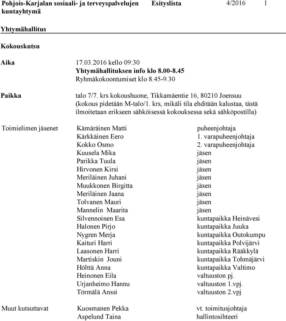 krs, mikäli tila ehditään kalustaa, tästä ilmoitetaan erikseen sähköisessä kokouksessa sekä sähköpostilla) Toimielimen et Kämäräinen Matti puheenjohtaja Kärkkäinen Eero 1.