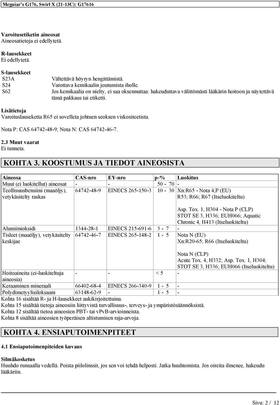 Lisätietoja Varoituslauseketta R65 ei sovelleta johtuen seoksen viskositeetista. Nota P: CAS 64742-48-9; Nota N: CAS 64742-46-7. 2.3 Muut vaarat Ei tunneta. KOHTA 3.