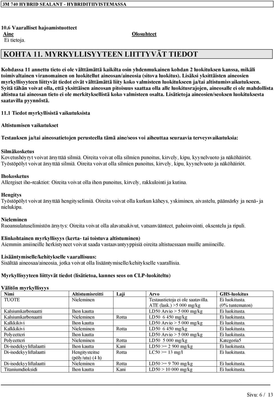 aineosan/aineosia (sitova luokitus). Lisäksi yksittäisten aineosien myrkyllisyyteen liittyvät tiedot eivät välttämättä liity koko valmisteen luokitukseen ja/tai altistumisvaikutukseen.