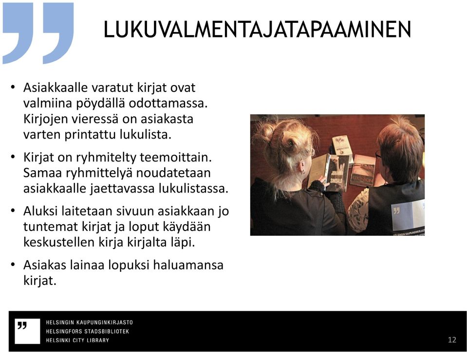 Samaa ryhmittelyä noudatetaan asiakkaalle jaettavassa lukulistassa.