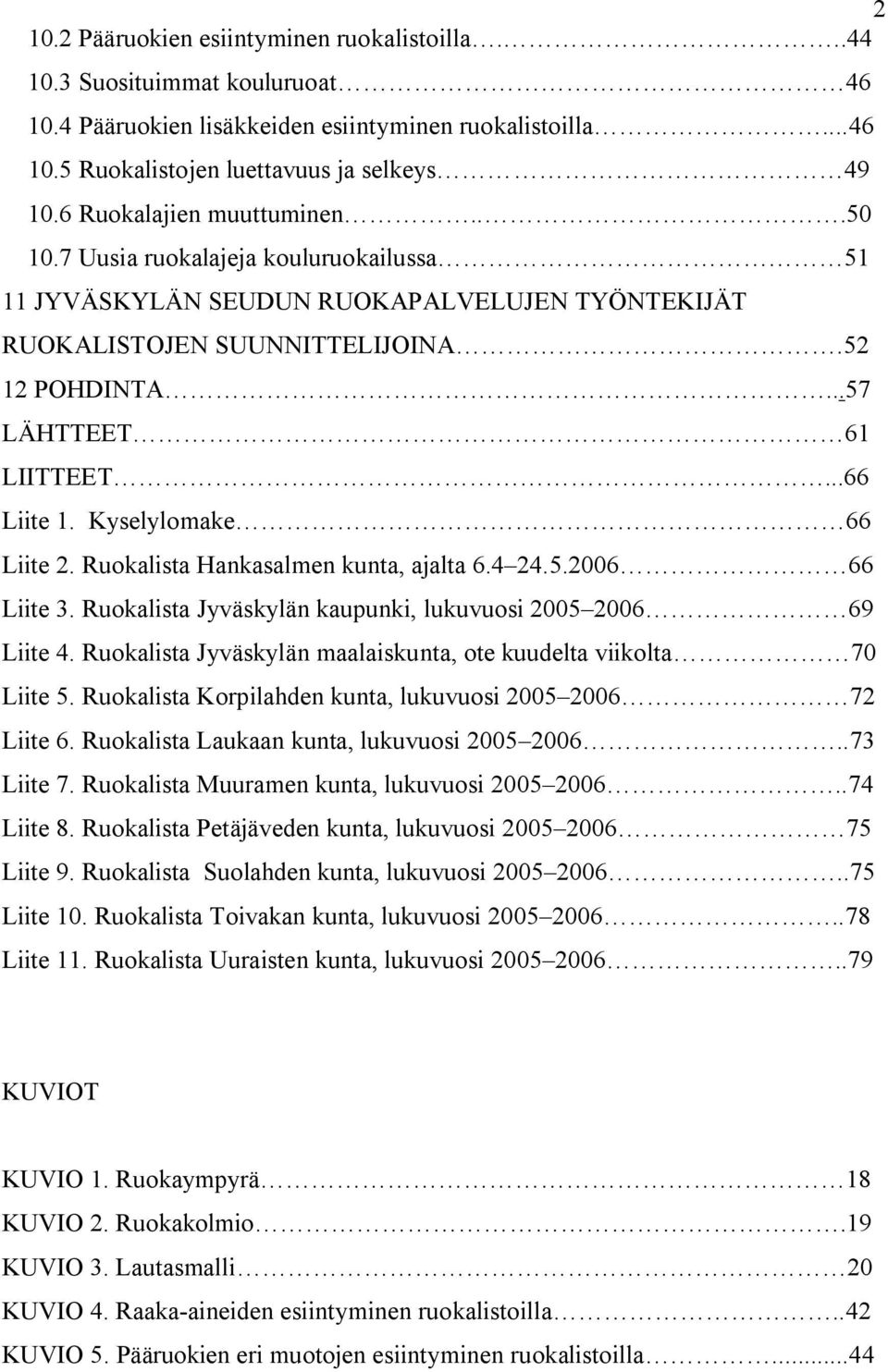 ..66 Liite 1. Kyselylomake 66 Liite 2. Ruokalista Hankasalmen kunta, ajalta 6.4 24.5.2006 66 Liite 3. Ruokalista Jyväskylän kaupunki, lukuvuosi 2005 2006 69 Liite 4.