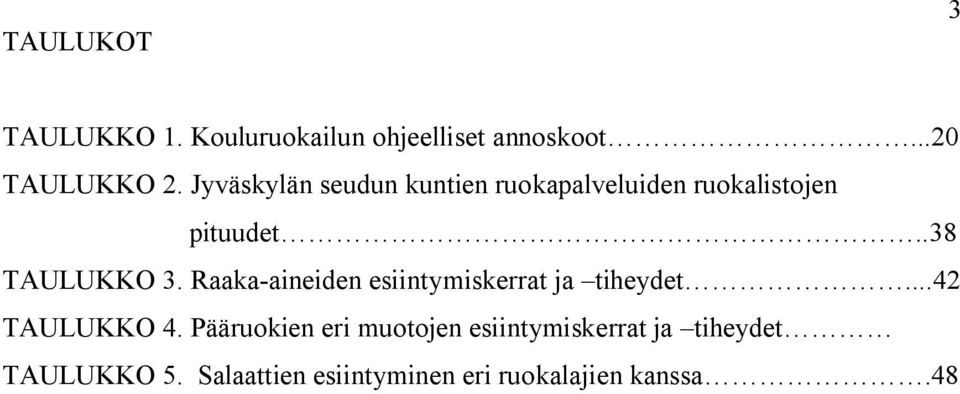 Raaka-aineiden esiintymiskerrat ja tiheydet...42 TAULUKKO 4.