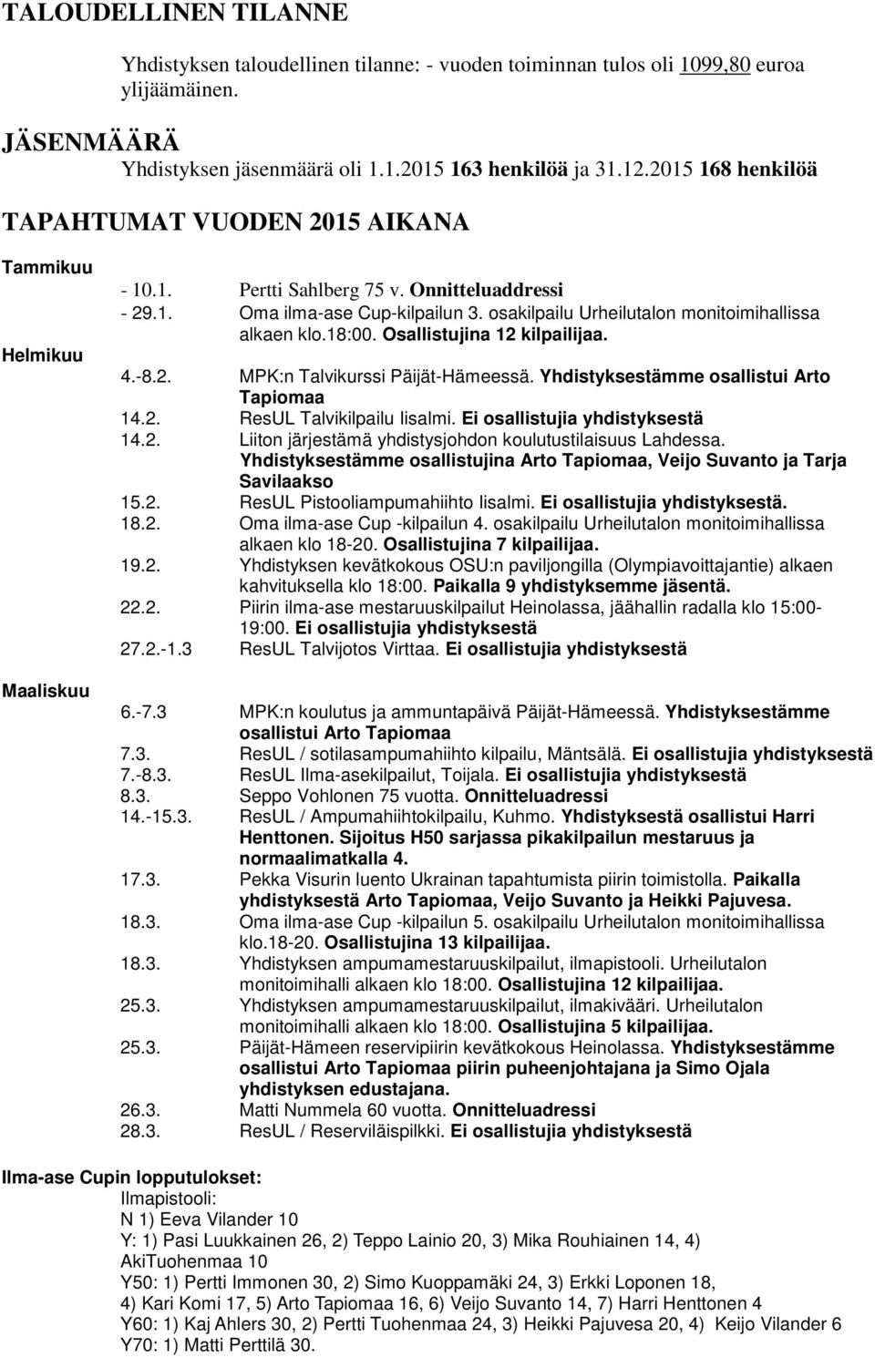 osakilpailu Urheilutalon monitoimihallissa alkaen klo.18:00. Osallistujina 12 kilpailijaa. 4.-8.2. MPK:n Talvikurssi Päijät-Hämeessä. Yhdistyksestämme osallistui Arto Tapiomaa 14.2. ResUL Talvikilpailu Iisalmi.