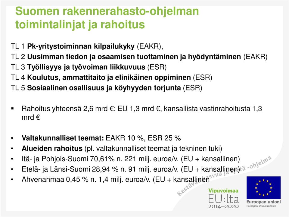 mrd : EU 1,3 mrd, kansallista vastinrahoitusta 1,3 mrd Valtakunnalliset teemat: EAKR 10 %, ESR 25 % Alueiden rahoitus (pl.