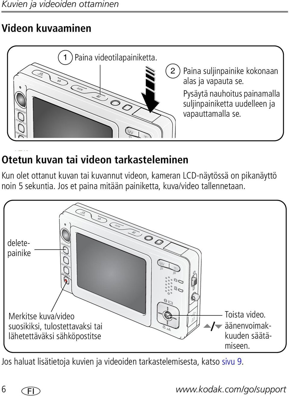 Otetun kuvan tai videon tarkasteleminen Kun olet ottanut kuvan tai kuvannut videon, kameran LCD-näytössä on pikanäyttö noin 5 sekuntia.
