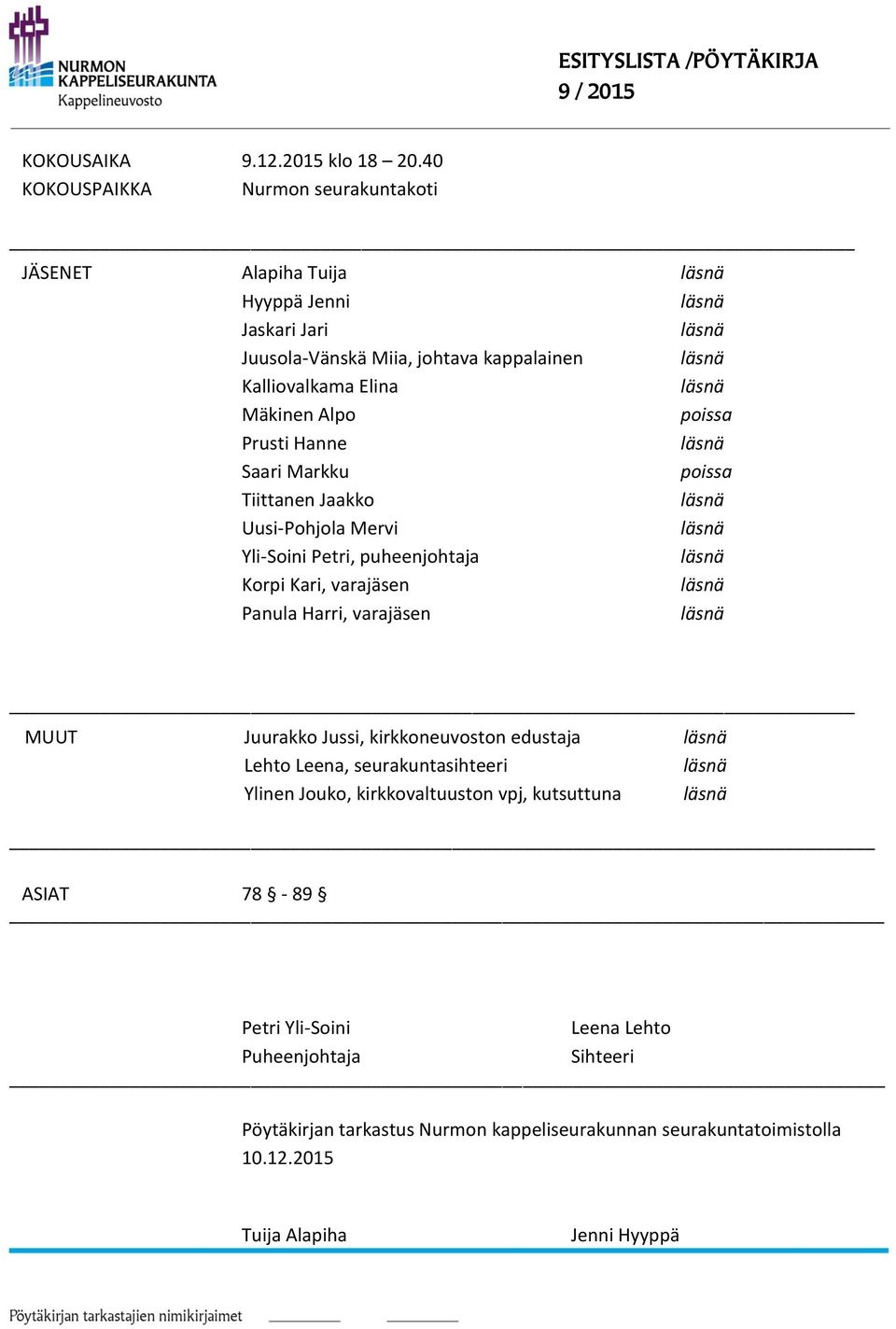 Prusti Hanne Saari Markku poissa Tiittanen Jaakko Uusi-Pohjola Mervi Yli-Soini Petri, puheenjohtaja Korpi Kari, varajäsen Panula Harri, varajäsen MUUT Juurakko Jussi,