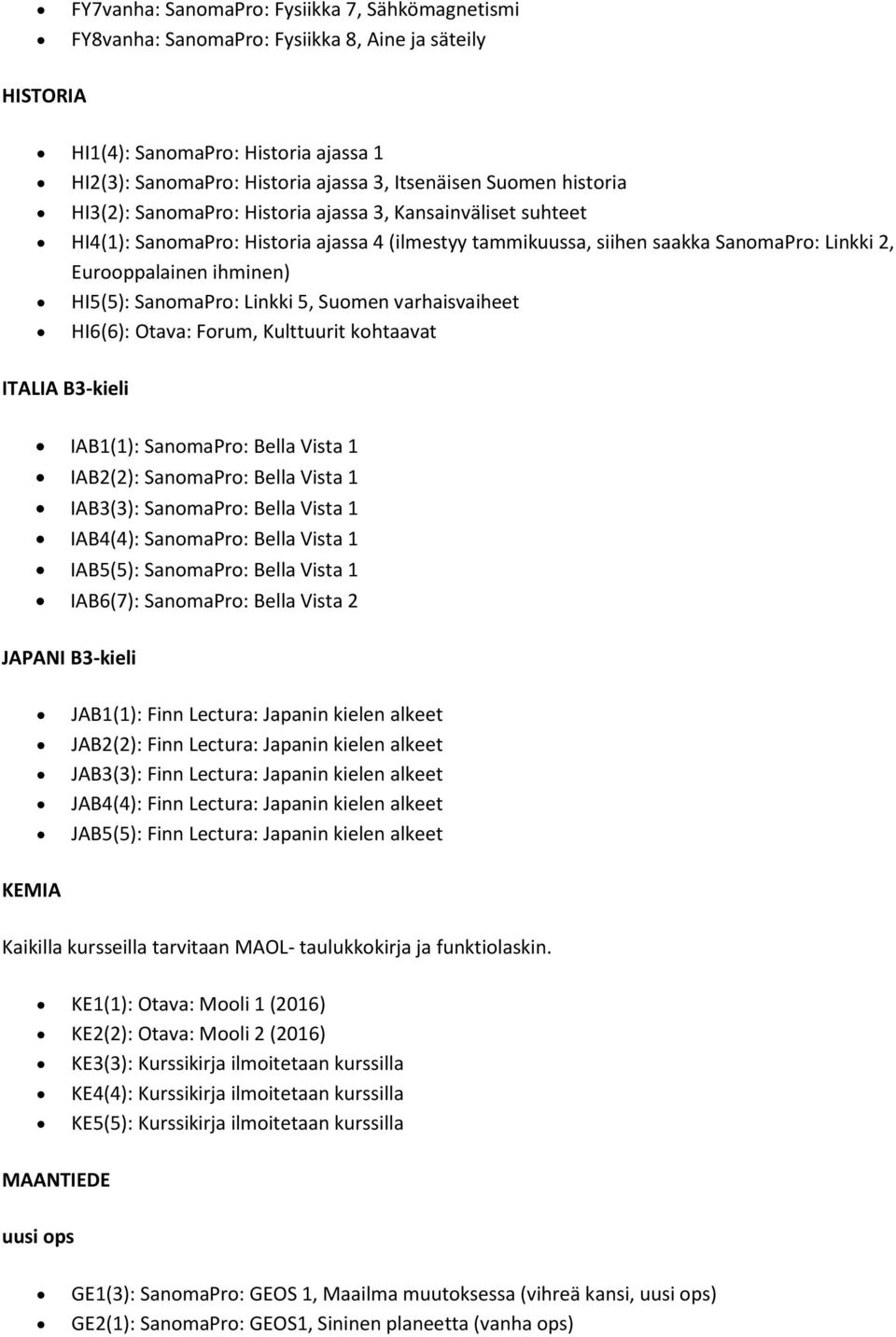 SanomaPro: Linkki 5, Suomen varhaisvaiheet HI6(6): Otava: Forum, Kulttuurit kohtaavat ITALIA B3-kieli IAB1(1): SanomaPro: Bella Vista 1 IAB2(2): SanomaPro: Bella Vista 1 IAB3(3): SanomaPro: Bella