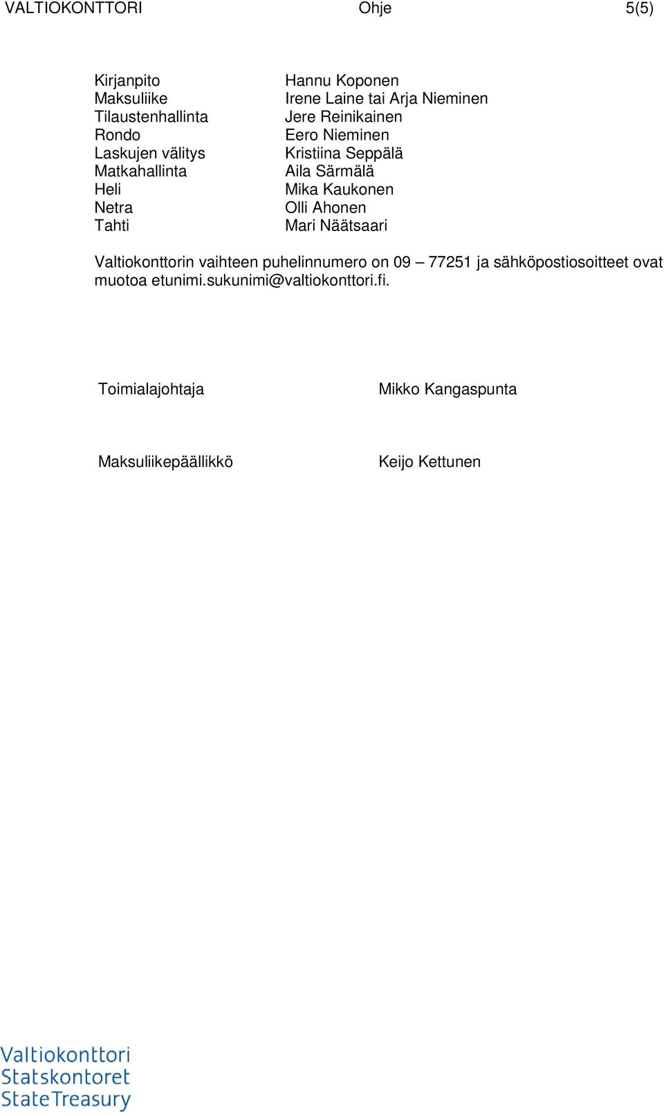 Mika Kaukonen Olli Ahonen Mari Näätsaari Valtiokonttorin vaihteen puhelinnumero on 09 77251 ja